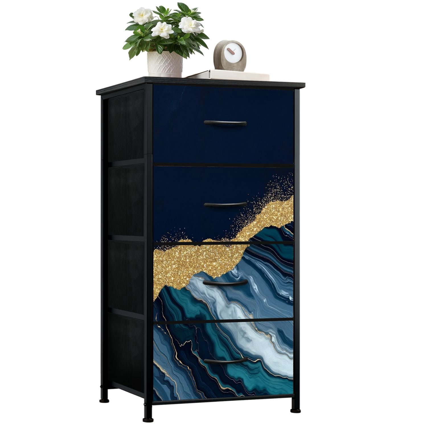 Kanworse 4 Drawer Fabric Dresser for Bedroom abstract blue agate golden veins white Chests of Drawers for Closet Organizers Storage