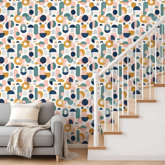 Kanworse Peel and Stick Wallpaper Retro Geometric Bold Circles Semi Circles Orange Yellow Navy Vinyl Contact Paper 23.6"x 9.8ft