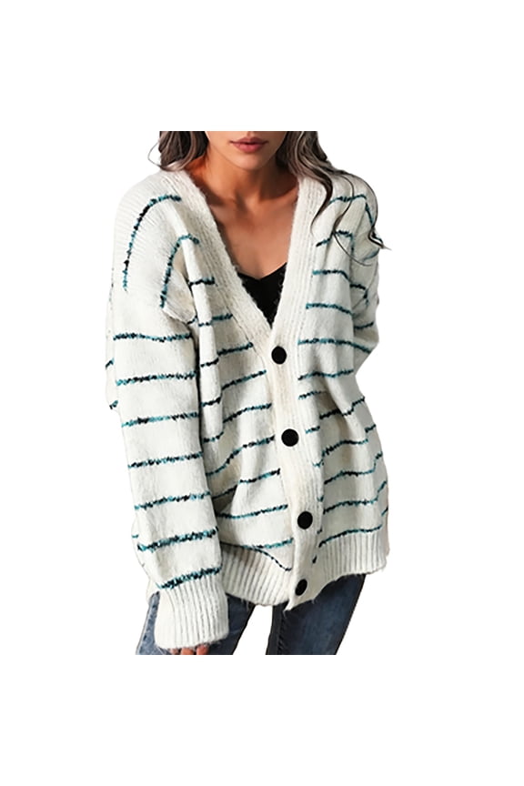 Cardigan for Women, Fall Winter Retro Loose Stripe Cardigan Long Length Knit Open Front Sweater with Single Buttons Casual No Hood Outerwear Womens Winter Coat