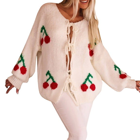 Kaondbfi Cardigan for Women, Cozy Knitwear for Fall and Winter Tied Cherry Round Neck Long Sleeve Cardigan Women's Winter Coat