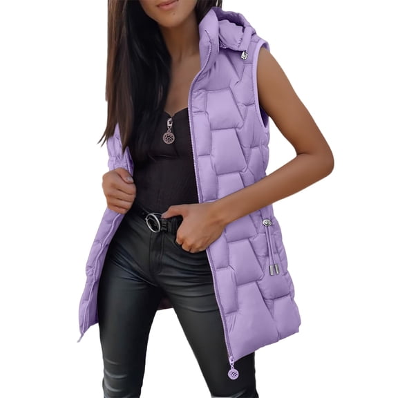 Kaondbfi Outerwear Vests for Women, Long Puffer Vest Quilted Hooded Vests Button Down Sleeveless Jacket Casual Zip Up Padded Jacket Winter Coat Women's Winter Coat