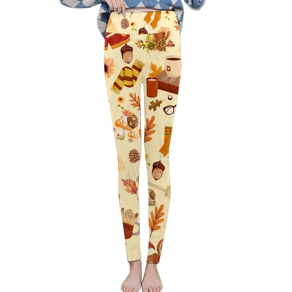 Kaondbfi Tights for Women Autumn Pumpkin and Maple Print Velvet Leggings Tights High Waist Warm Elastic Skinny Pants