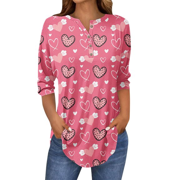 Kaondbfi Valentine's Day 3/4 Length Sleeve Womens Tops Spring Neck Casual Print T Shirts Three Quarter Length Womens Tops Surprise Gifts for Your Dear