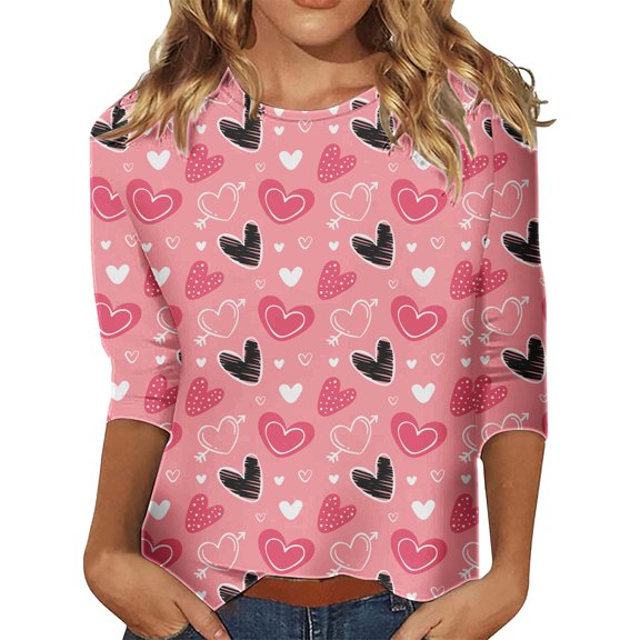 Kaondbfi Valentine's Day 3/4 Length Sleeve Womens Tops Spring Neck Casual Print T Shirts Three Quarter Length Womens Tops Surprise Gifts for Your Dear