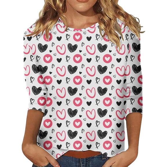 Kaondbfi Valentine's Day 3/4 Length Sleeve Womens Tops Spring Neck Casual Print T Shirts Three Quarter Length Womens Tops Surprise Gifts for Your Dear