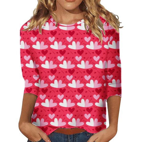 Kaondbfi Valentine's Day 3/4 Length Sleeve Womens Tops Spring Neck Casual Print T Shirts Three Quarter Length Womens Tops Surprise Gifts for Your Dear