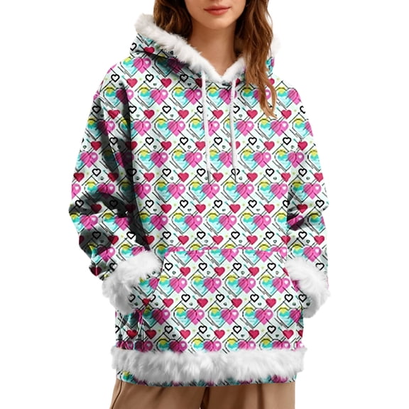 Kaondbfi Valentine's Day Casual and Comfortable Long Sleeved Colorful Printed Women's Fleece Regular Hooded Sweatshirt Surprise Gifts for Your Dear