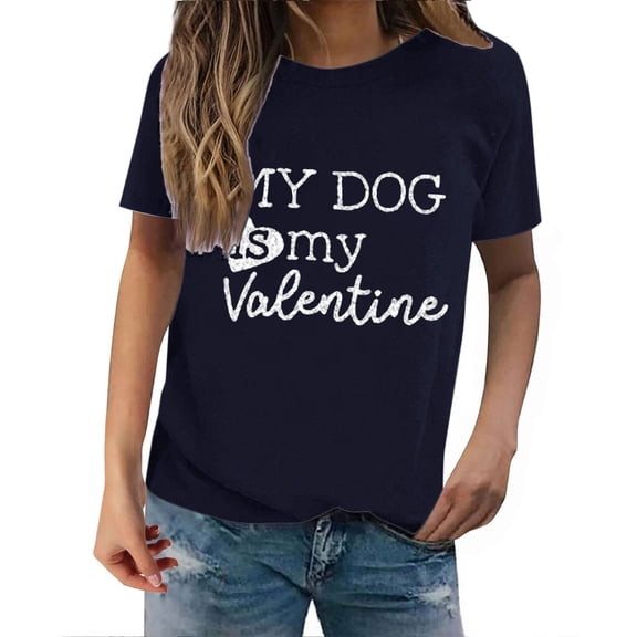 Kaondbfi Valentine's Day MY DOG Is My Valentine Print Casual Sweatshirt Printed Crew Neck T Shirt Women's Pullover T Shirt Surprise Gifts for Your Darling