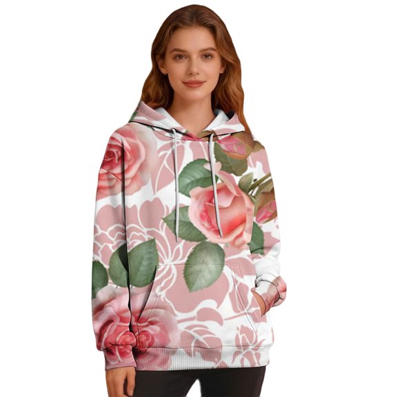 Kaondbfi Valentine's Day Heart Shaped Rose A Charming Printed Casual and Comfortable Women's Hooded Sweatshirt Surprise Gifts for Your Darling