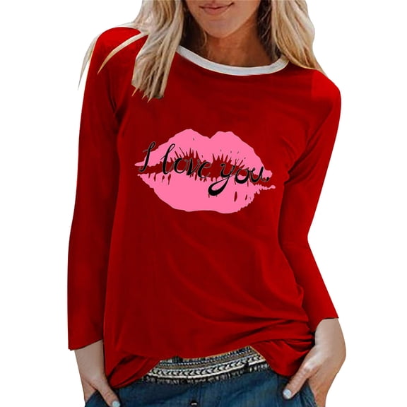 Kaondbfi Valentine's Day Ladies Long Sleeve Crewneck Top Big Lips Print Pullover Casual T Shirt Surprise Gifts for Your Beloved