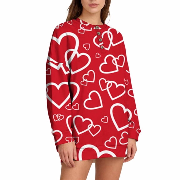 Kaondbfi Valentine's Day Rose Heart Print Comfortable and Casual Ladies' Button Collar Hoodless Sweatshirt Surprise Gifts for Your Beloved