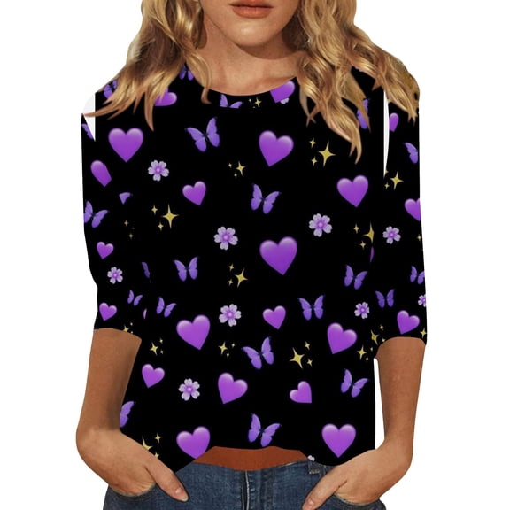 Kaondbfi Valentine's Day Tees for Women Women's Fashion Casual Round Neck Long Sleeve Printed T Shirt Top Surprise Gifts for Your Beloved