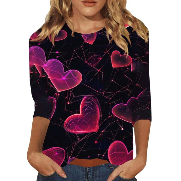Kaondbfi Valentine's Day Tees for Women Women's Fashion Casual Round Neck Long Sleeve Printed T Shirt Top Surprise Gifts for Your Darling