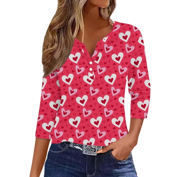 Kaondbfi Valentine's Day Women's Casual Seven Sleeve V Neck Button Down Tops with Pocket Loose Fit Blouse for Daily Wear Surprise Gifts for Your Dear