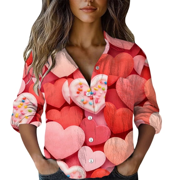 Kaondbfi Valentine's Day Women's Cotton Shirt Printed Fashionable Button Up Shirt Casual Top with Seven Quarter Sleeves Shirt Surprise Gifts for Your Dear