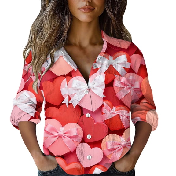 Kaondbfi Valentine's Day Women's Cotton Shirt Printed Fashionable Button Up Shirt Casual Top with Seven Quarter Sleeves Shirt Surprise Gifts for Your Dear