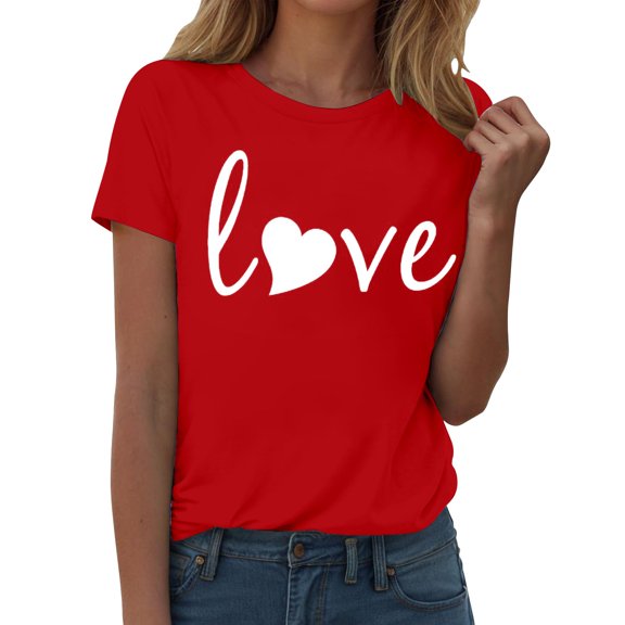 Kaondbfi Valentine's Day Women's Red Love Heart Printed Short Sleeve T Shirt with Embroidered Sleeve Detail Surprise Gifts for Your Beloved