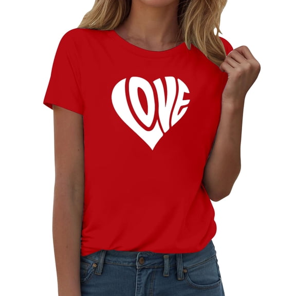 Kaondbfi Valentine's Day Women's Round Neck Short Sleeve Love Heart Print T Shirt with Multiple Design Options Surprise Gifts for Your Darling