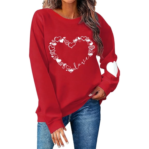 Kaondbfi Women Valentine's Day Sweatshirts Round Neck Blouses Love Heart Graphic Pullover Tops Printed Casual Long Sleeve Shirts Surprise Gifts for Your Beloved