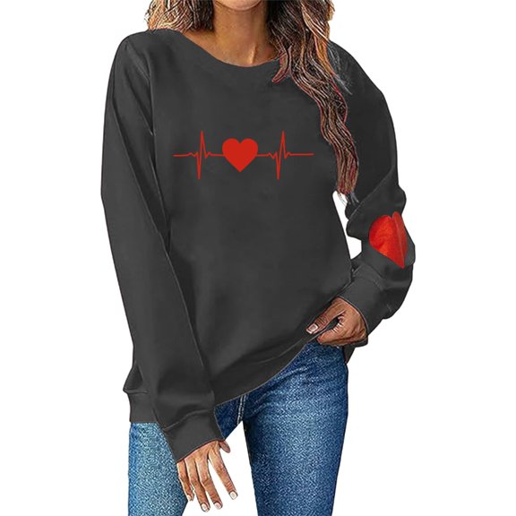 Kaondbfi Women Valentine's Day Sweatshirts Round Neck Blouses Love Heart Graphic Pullover Tops Printed Casual Long Sleeve Shirts Surprise Gifts for Your Darling
