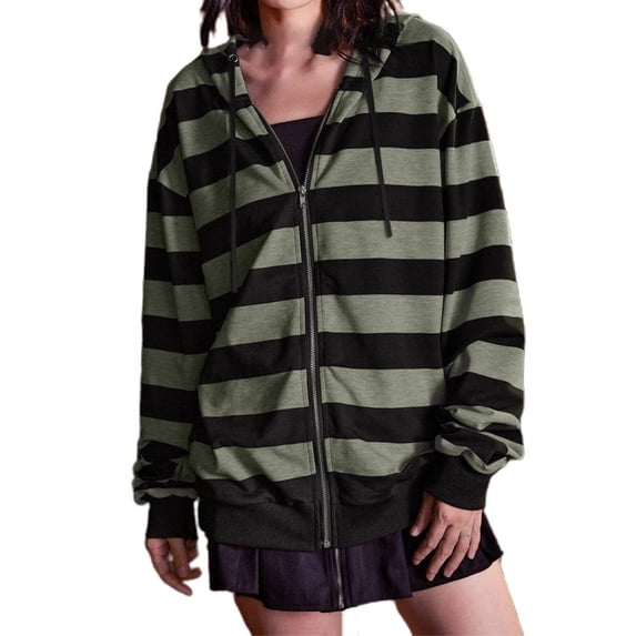 Kaondbfi Women's Autumn and Winter Loose Striped Sweat Shirts Casual Zip Up Drawstring Jacket Womens Hooded Tops Fall Essentials Clothes
