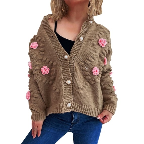 Kaondbfi Women's Cardigan, Embroidered Cardigan with Embroidered Detail 3D Flower Cardigan Flower Button Up Long Sleeve Cardigan Winter Clothing for Women