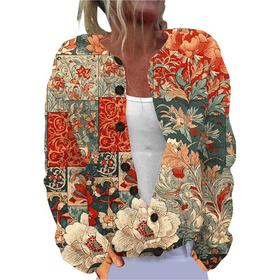 Kaondbfi Women's Cardigan, Fall Cute Print Open Front Knit Cardigan Sweater Winter Casual Loose Button Down Long Sleeve Coat Winter Coat for Women