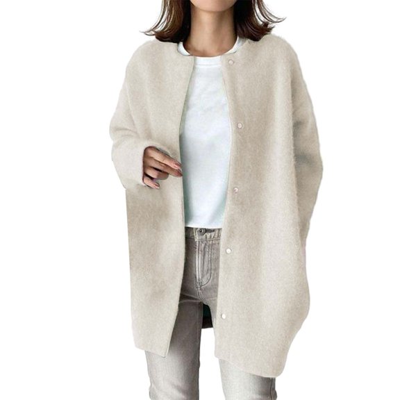 Kaondbfi Women's Cardigan, Korean Wool Coat Slim Trench Long Coat Fall Winter Elegant Round Neck Straight Korean Coat Mid Long Wool Overcoat Winter Coat for Women