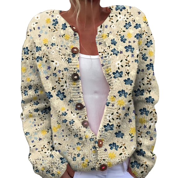 Kaondbfi Women's Cardigan, Open Front Cardigans Cute Flower Print Sweaters Crew Neck Button Down Trendy Fall Tops Coat Winter Clothing for Women