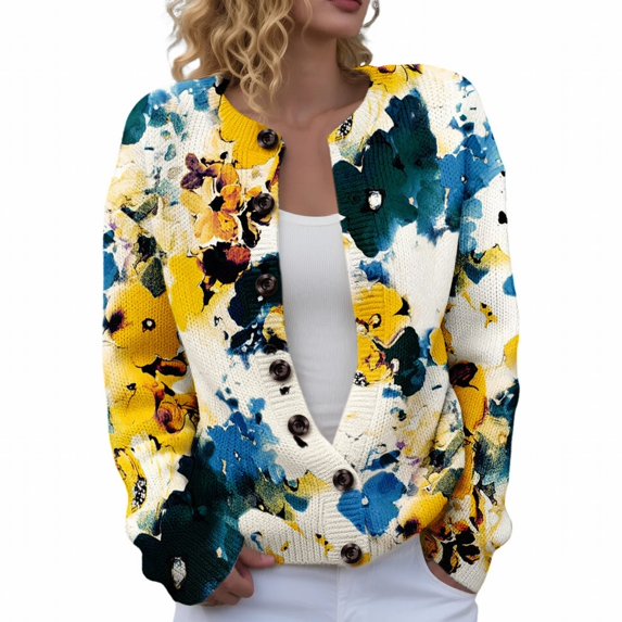 Kaondbfi Women's Cardigan, Open Front Cardigans Cute Flower Print Sweaters Crew Neck Button Down Trendy Fall Tops Coat Winter Clothing for Women