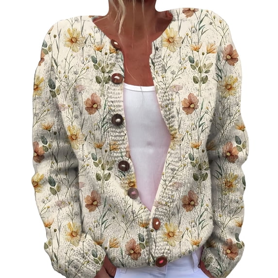 Kaondbfi Women's Cardigan, Open Front Cardigans Cute Flower Print Sweaters Crew Neck Button Down Trendy Fall Tops Coat Winter Coat for Women