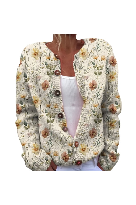 Women's Cardigan, Open Front Cardigans Cute Flower Print Sweaters Crew Neck Button Down Trendy Fall Tops Coat Winter Coat for Women
