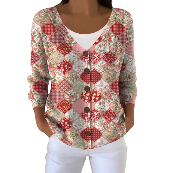 Kaondbfi Women's Cardigan, Printed Women's Casual Button Cardigan with V Neck and Thick Needle Hole Stripe Winter Clothing for Women