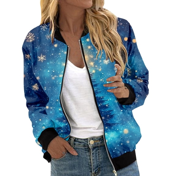 Kaondbfi Women's Casual Jackets, Christmas Coat for Womens Suitable Daily Jackets Lightweight Zip Up Jacket Print Coat Stand Collar Short Sports Outwear Winter Coat for Women