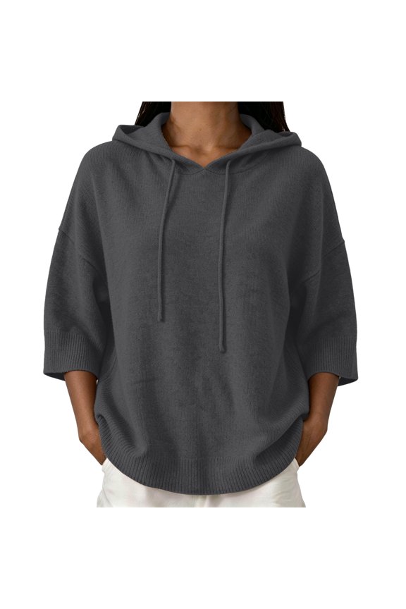 Women's Casual V Neck Hooded Knit Sweater | Loose Pullover Knit Hoodies Fall Winter Going Out Tops Womens Essentials Fashion Clothing