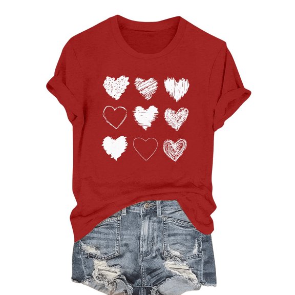 Kaondbfi Women's Fashionable Casual Valentine's Day Printed LOVE Round Neck Short Sleeved T Shirt Surprise Gifts for Your Beloved