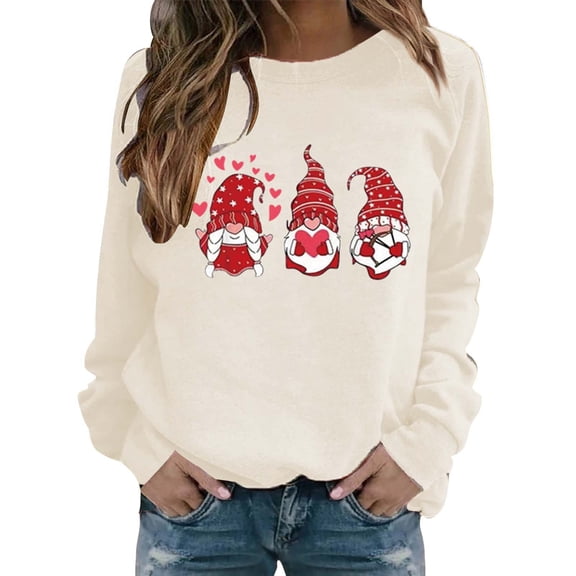 Kaondbfi Women's Fashionable Round Neck Casual Valentine's Day Gnome Print Long Sleeve Top Sweater Surprise Gifts for Your Beloved