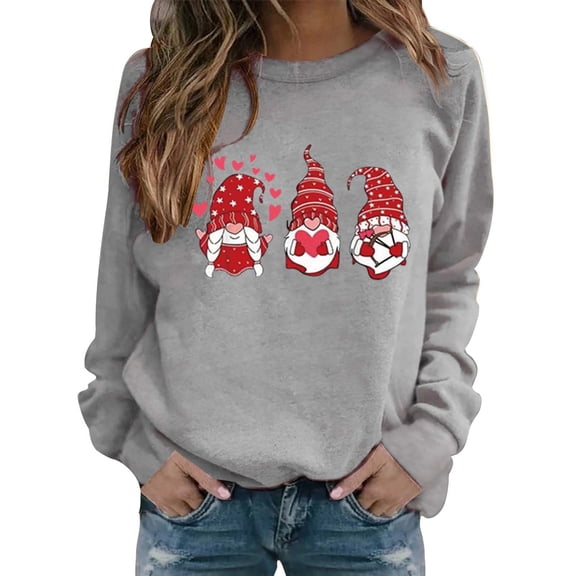 Kaondbfi Women's Fashionable Round Neck Casual Valentine's Day Gnome Print Long Sleeve Top Sweater Surprise Gifts for Your Darling