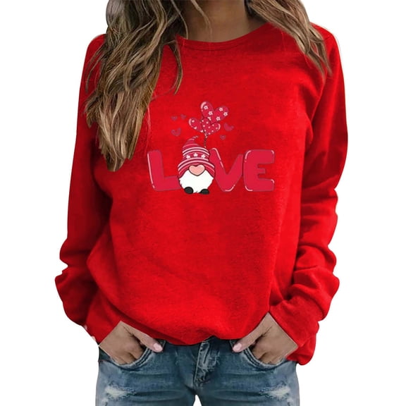 Kaondbfi Women's Fashionable Round Neck Casual Valentine's Day Gnome Print Long Sleeve Top Sweater Surprise Gifts for Your Darling