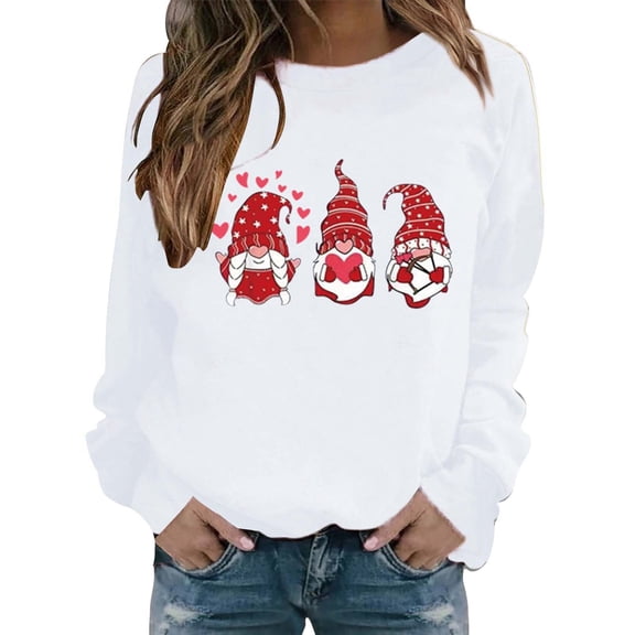 Kaondbfi Women's Fashionable Round Neck Casual Valentine's Day Gnome Print Long Sleeve Top Sweater Surprise Gifts for Your Darling