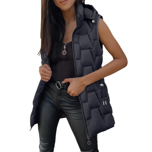 Kaondbfi Women's Outerwear Vests, Long Puffer Vest Quilted Hooded Vests Button Down Sleeveless Jacket Casual Zip Up Padded Jacket Winter Coat Winter Coat for Women