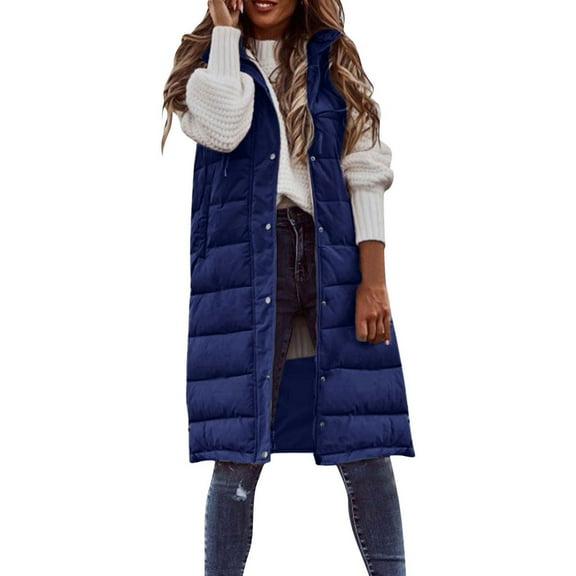 Kaondbfi Women's Outerwear Vests, Long Winter Coat Vest with Hood Sleeveless Warm Down Coat with Pockets Quilted Vest Down Jacket Quilted Outdoor Jacket Winter Clothing for Women