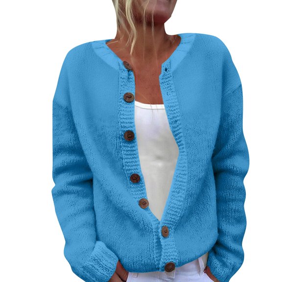 Kaondbfi Women's Sweater Coat, Isle Cardigan Sweaters for Women Crew Neck Loose Fit Button Up Chunky Sweater Open Front Casual Fall Knit Jacket Winter Clothing for Women