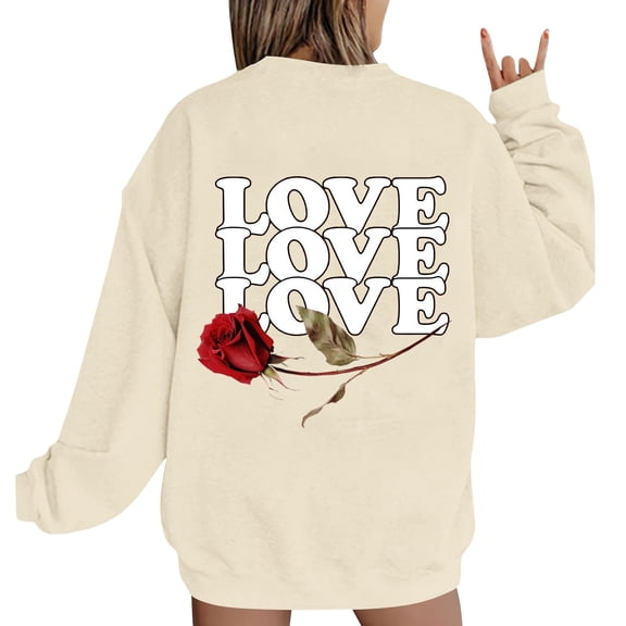 Kaondbfi Women's Valentine Rose Graphic Oversized Sweatshirt Plus Size Long Sleeve Crewneck Surprise Gifts for Your Dear