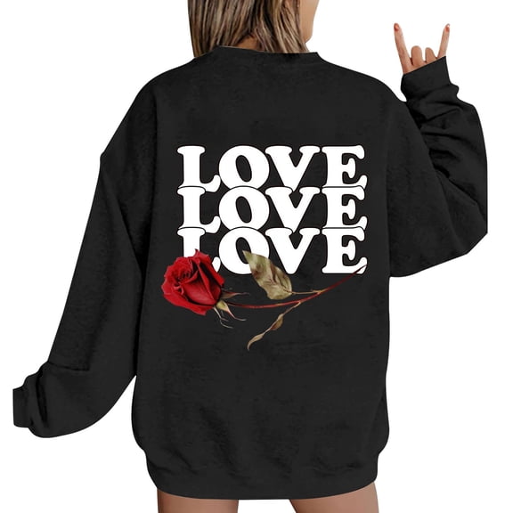 Kaondbfi Women's Valentine Rose Graphic Oversized Sweatshirt Plus Size Long Sleeve Crewneck Surprise Gifts for Your Dear