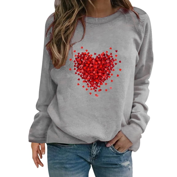 Kaondbfi Women's Valentine's Day Sweatshirt Cute Heart Shaped Printed Pullover Crewneck Long Sleeved Shirt Spring/Autumn Surprise Gifts for Your Dear