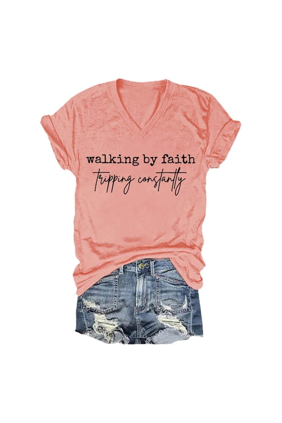 Women's Walking By Tripping Constantly Print T Shirt Casual V Neck T Shirt