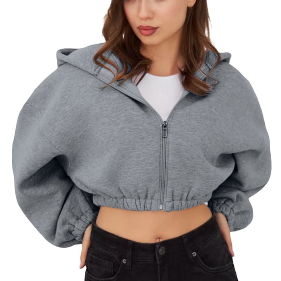 Kaondbfi Women's Zip Up Cropped Jacket Fall Drawstring Hooded Sweatshirts Casual Long Sleeve Top Womens Essentials Fashion Clothing