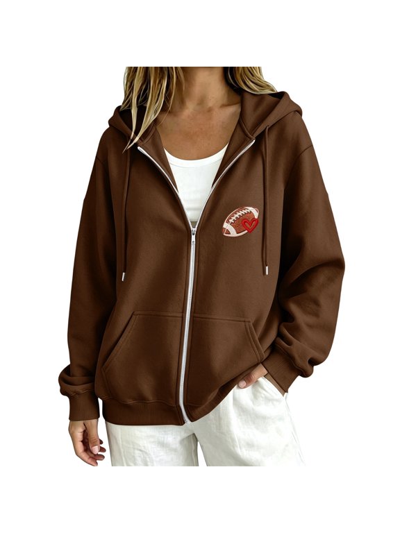 Womens Football Embroidered Zip Up Hoodie Casual Long Sleeve Full Zip Hooded Sweatshirt Tops for Football Fans Fall Essentials Clothes