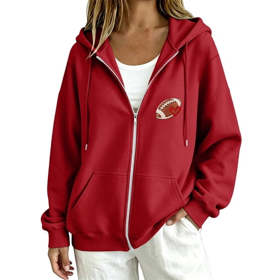 Kaondbfi Womens Football Embroidered Zip Up Hoodie Casual Long Sleeve Full Zip Hooded Sweatshirt Tops for Football Fans Fall Essentials Clothes